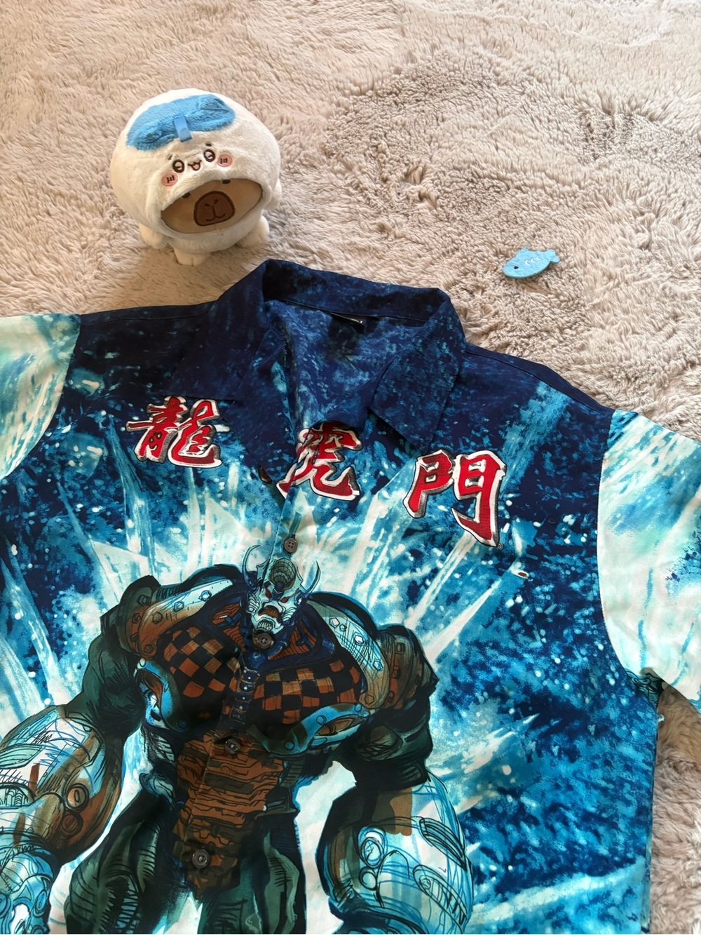 Anime Samurai Graphic Short Sleeve Button Down Shirt Size XL Blue
